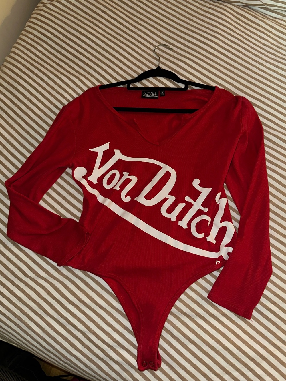 Von Dutch Red Long-Sleeve Logo Bodysuit